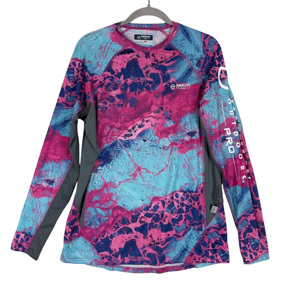 Magellan Outdoors Pro Shirt Womens Medium Pink Blue Camo Long Sleeve Fishing